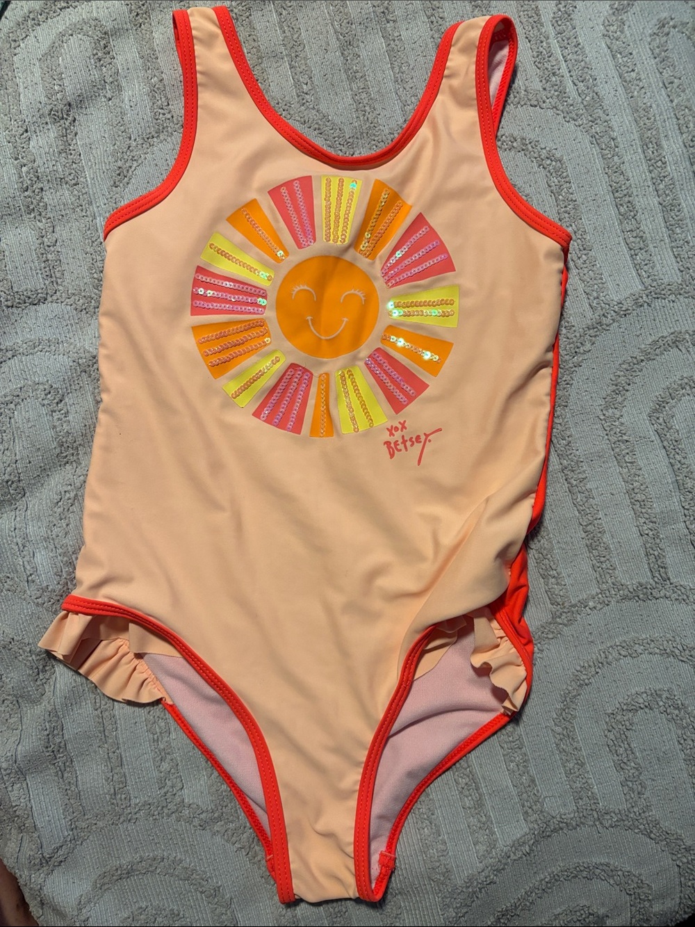Betsey Johnson Peach One-Piece Swimsuit with Orange Trim and Multicolor Sun